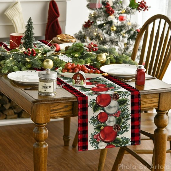 13''x72'' Buffalo Plaid Red Black Balls Christmas Table Runner Home Decoration - Picture 2 of 7